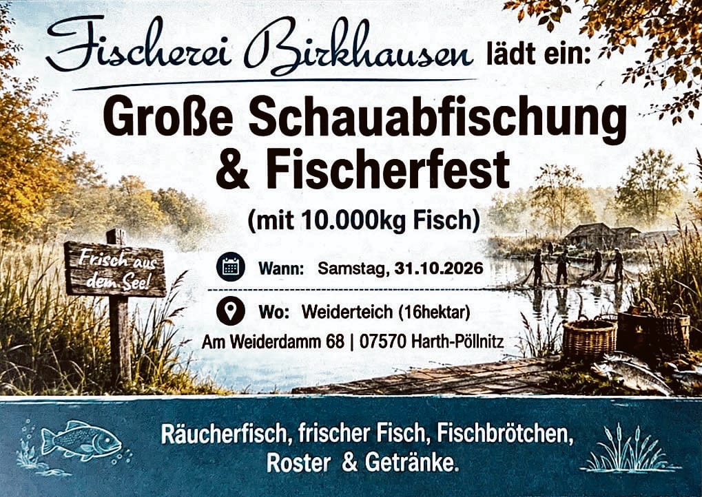 Flyer: Große Schauabfischung & Fischerfest am Samstag, 31.10.2026 am Weiderteich in Harth-Pöllnitz